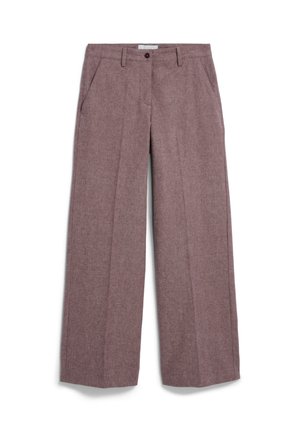 Weite Hosen aus einem gedämpften burgunderfarbenen Stoff mit feiner Textur, seitlichen Taschen und einem einzelnen Knopfverschluss am Bund.