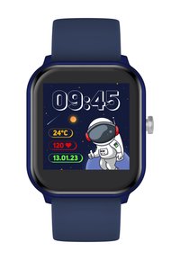 Square pametni sat s tamnoplavom silikonskom trakom. Ima šareni digitalni ekran koji prikazuje vrijeme, temperaturu, puls i datum, s grafikom astronauta.
