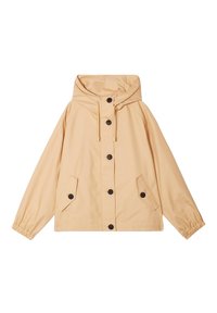 Giacca beige con cappuccio realizzata in tessuto liscio, dotata di chiusura con bottoni frontali, polsini elasticizzati e due tasche anteriori inclinate.