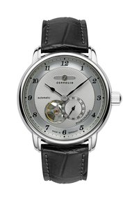 Automatic watch with a silver textured dial, black leather strap, stainless steel case, and a visible movement at 6 o'clock.