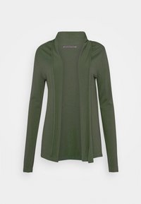 Olivgrön cardigan, lättviktig tyg, öppen framsidan design, långa ärmar, jämn textur, minimalistisk stil, inga synliga knäppningar.