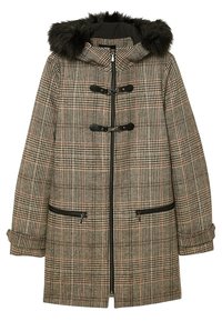 Abrigo de cuadros en beige y marrón con capucha de piel sintética. Cuenta con cierres de botón negro, bolsillos con cremallera y puños doblados.