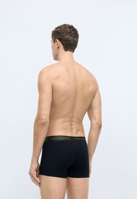 Sorte boxer briefs lavet af et strækbart materiale, med en guld-accentueret talje med teksten "TOMMY HILFIGER". Designet er tætsiddende.