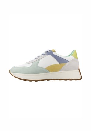 Low-top sneaker with white base, pastel green, yellow, lavender, and gray suede accents, white laces, and a thick beige sole.