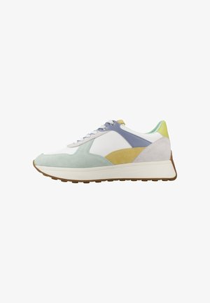 Low-top sneaker with white base, pastel green, yellow, lavender, and gray suede accents, white laces, and a thick beige sole.