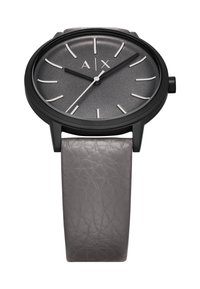 Runde analoge Uhr mit schwarzem Gehäuse, grauem strukturiertem Zifferblatt und silbernen Stundenmarkierungen. Verfügt über ein graues Lederarmband mit glatter Oberfläche.