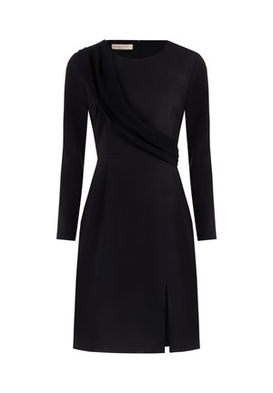 Zwarte jurk met lange mouwen, gedrapeerde halslijn en zijsplit. Gladde stof met een aansluitende silhouet en ritsdetail op de rug.