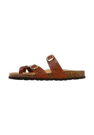 Sandale en cuir marron avec deux lanières à boucle réglables et semelle intérieure en liège sur une semelle extérieure noire texturée, présentée en profil latéral.