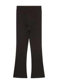 Schwarze, ausgestellte Leggings aus dehnbarem Material. Mit einem elastischen Bund und glatter Textur. Keine sichtbaren Muster oder Beschläge.