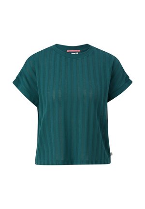 Turquoise kortemouw T-shirt met een verticale ribbelstructuur, ronde halslijn en een ontspannen pasvorm. Etikette zichtbaar aan de binnenkant van de kraag.