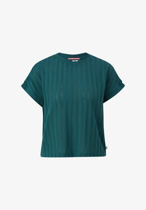 Turquoise kortemouw T-shirt met een verticale ribbelstructuur, ronde halslijn en een ontspannen pasvorm. Etikette zichtbaar aan de binnenkant van de kraag.