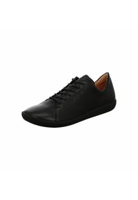 Black leather sneaker with a low-cut design, featuring a rounded toe, laces, and a flexible rubber sole. Smooth texture with minimal accents.