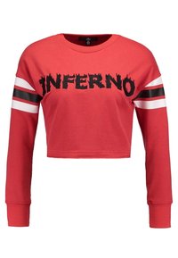Sudadera corta roja de tejido suave, con un estampado negro de "INFERNO" y detalles de rayas blancas y negras en las mangas.