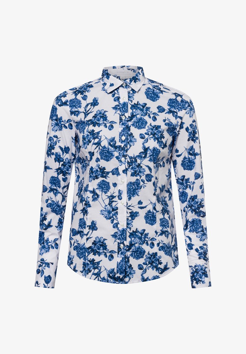 Koszula z długim rękawem, zapinana na guziki, na białym tle, z niebieskimi wzorami kwiatowymi, z kołnierzykiem z zaostrzonym końcem oraz zaokrąglonym dołem.