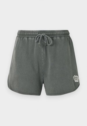 Tamsiai pilkos elastingos juosmens šortai su raišteliu ir maža balta logotipo žymele ant kairės kojų apačios, rodomi prieš paprastą foną.