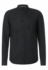 Schwarzes Langarmhemd mit Stehkragen, durchgehender Knopfleiste, einer Brusttasche und einer glatten Textur.