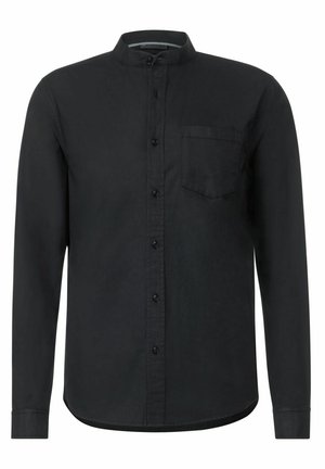 Chemise noire à manches longues avec col montant, fermeture boutonnée sur le devant, poche poitrine unique et texture lisse.