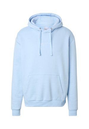 Hele sinine kapuutsiga dressipluus ees tasku ja tõmblukkudega, rinnal on peen valge tikitud logo.