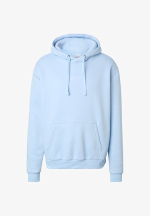 Hele sinine kapuutsiga dressipluus ees tasku ja tõmblukkudega, rinnal on peen valge tikitud logo.