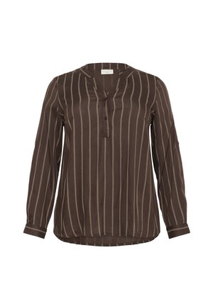 Braune knopffreie Bluse mit vertikalen beigen Streifen, langen Ärmeln, V-Ausschnitt und abgerundetem Saum; glatte Textur und leichtes Material.