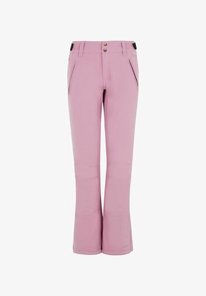 Pantaloni da sci rosa con un design aderente, due tasche laterali e due bottoni frontali. Realizzati in un materiale flessibile con una texture liscia.