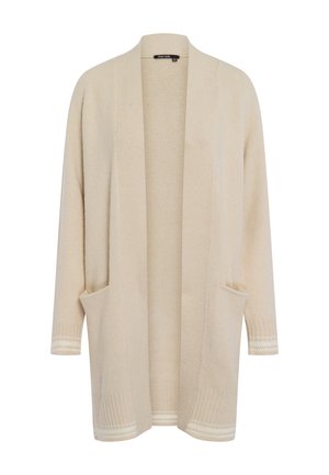 Beige open cardigan made of soft fabric, features two front pockets, ribbed cuffs with a light accent, and an oversized silhouette.