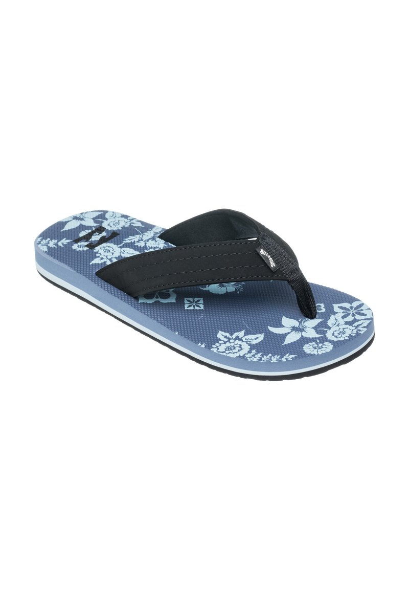 Infradito con una cinghia nera e un plantare blu decorato con disegni floreali. Suola in gomma testurizzata per una buona aderenza.
