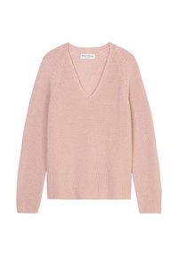 Pull en tricot rose clair avec un col en V, des manches longues et une coupe décontractée. Présente un motif de côtes texturé sur l'ensemble. Marque : Mare O'Polo.