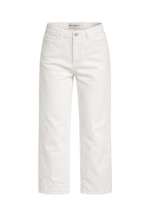 Jeans bianchi a gamba dritta con bottone anteriore e cerniera, passanti per cintura e stile a cinque tasche, etichettati Roy Roger's.