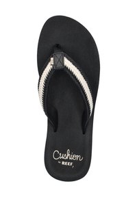 Zwarte flip-flop sandaal met een gestructureerde voetbed, voorzien van een gevlochten zwart-witte band en het logo "Cushion by REEF" afgedrukt op het voetbed.
