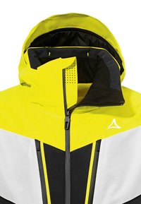 Gelb-schwarze Jacke mit einem Reißverschluss auf der Vorderseite, verstellbarem Kapuze und perforierten Stoffteilen. Verfügt über ein geschwungenes Design und Logodetails.
