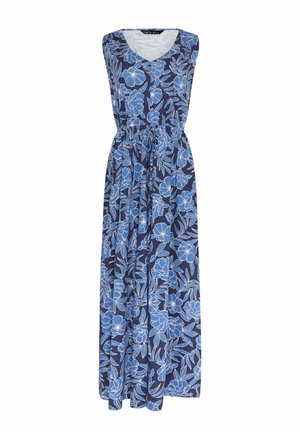 Vestido sin mangas azul marino con estampado floral azul, escote en V y cintura elástica con cordón, largo hasta el tobillo.