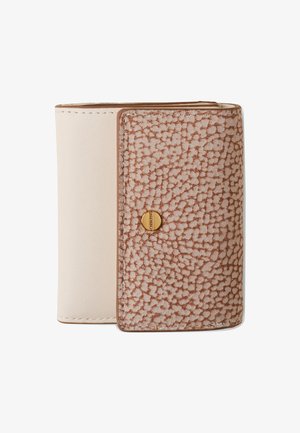 Folded beige and brown patterned wallet with a gold circular button on the patterned flap, stitched edges, and smooth texture.