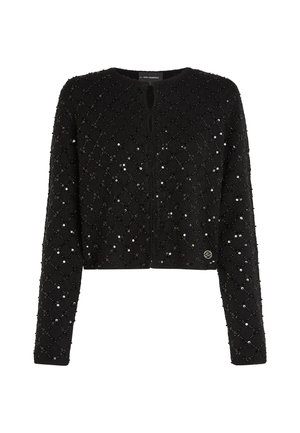 Zwarte cropped cardigan met een geweven textuurpatroon met diamantvormen en zilveren pailletten. Voor sluiting en logo-detail op de zoom.
