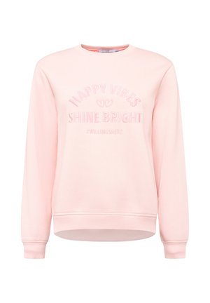 Hellrosa Sweatshirt mit gerippten Bündchen und Saum. Verfügt über erhabenen Text "HAPPY VIBES" und "SHINE BRIGHT." Weicher Stoff, legeres Design.