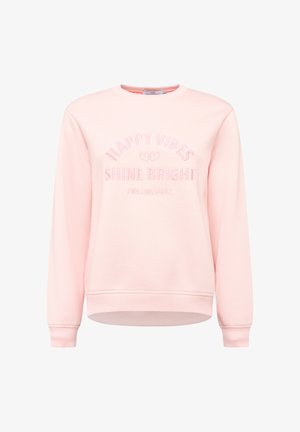 Jasnoróżowy sweter z ribbowanymi mankietami i dołem. Ozdobiony wytłoczonym napisem "HAPPY VIBES" oraz "SHINE BRIGHT". Wykonany z miękkiego materiału, o casualowym kroju.