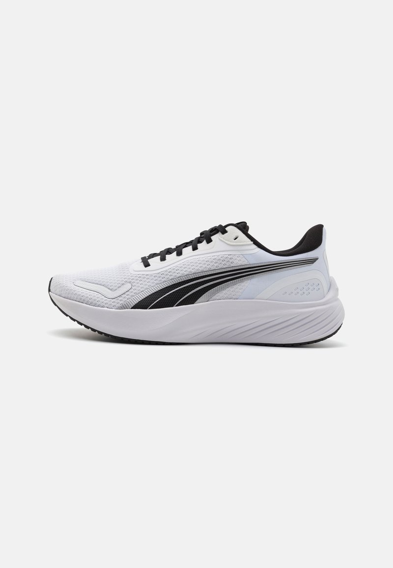White athletic shoe with black accents, mesh upper, padded collar, textured sole, and sleek design. Features a branded logo and laces.