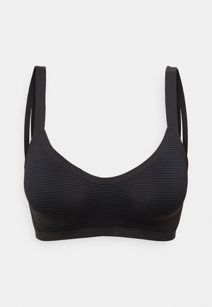 Schwarzer BH mit glatter, gerippter Textur, breiten Trägern und tiefem V-Ausschnitt. Aus elastischem Material für Komfort und Flexibilität gefertigt.