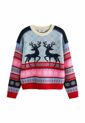 Strickpullover mit blauen, roten und pinken Mustern, einschließlich Rentiere und Schneeflocken. Rundhalsausschnitt und gerippte Bündchen und Saum.