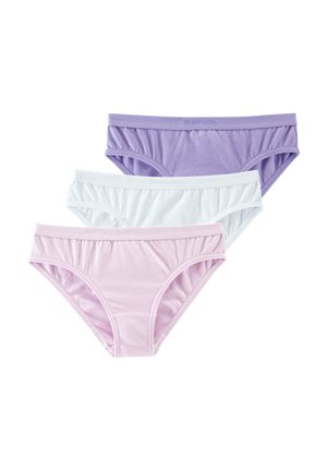 Three women's cotton briefs in pastel purple, white, and light pink, stacked on a white background.