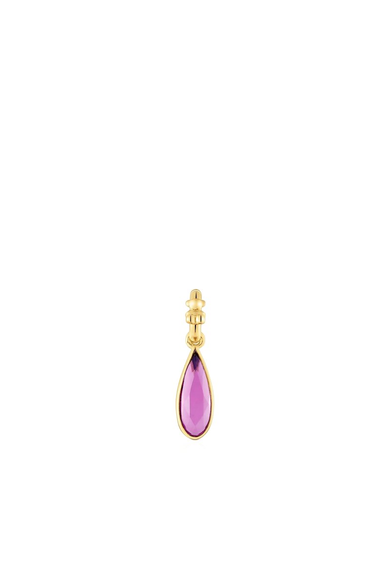 Gold earring with a faceted, teardrop-shaped purple gemstone pendant hanging from a small, rounded gold clasp.