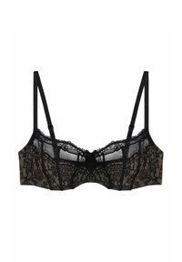 Svart spets-bh med genomskinlig design, justerbara band, blommönster och en liten rosett som accent vid mitten fram.