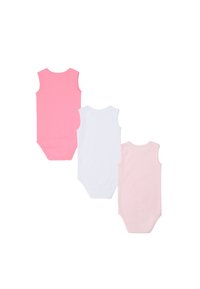 Tre body senza maniche: uno rosa, uno bianco e uno rosa chiaro; realizzati in cotone morbido con una texture liscia e scollature curve.