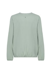 Light green long-sleeve shirt with elastic cuffs and waistband, shown from the back on a white background.