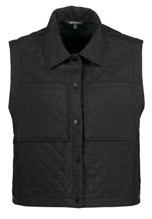 Gilet imbottito nero con colletto alto, dotato di due tasche frontali, bottoni a pressione e un tessuto trapuntato.