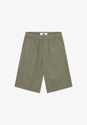 Olijf groene shorts gemaakt van lichtgewicht stof. Voorzien van een elastische tailleband en een losse pasvorm, met een soepele textuur en geen zichtbare zakken.
