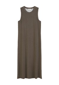 Ärmelloses braunes Kleid mit einem geometrischen Muster in Schwarz und Beige. Leichter Stoff, knielang, runder Ausschnitt und lockere Passform.