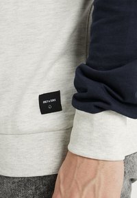 Sudadera gris claro y azul marino con puños y dobladillo acanalados, que presenta una etiqueta negra cosida en el lado izquierdo con la marca "ONLY & SONS".