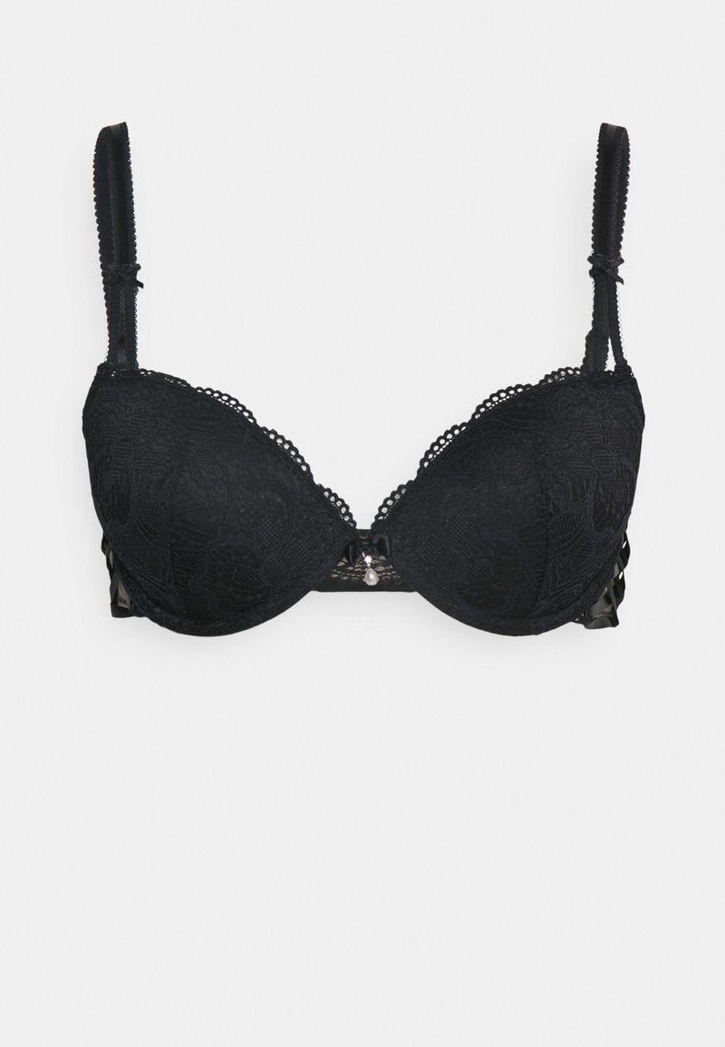 Svart blond BH har en bølget kant, underwire-støtte, justerbare stropper og en dekorativ lås i midten.