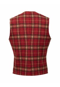 Gilet a quadri rossi con design senza maniche, realizzato in un tessuto misto lana testurizzato e con pattern a contrasto marrone e beige.